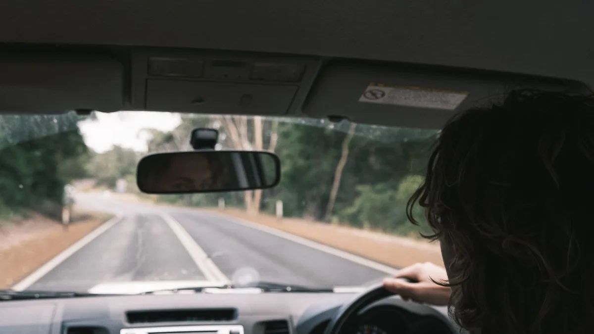 A driver steering a car along a road in daylight.