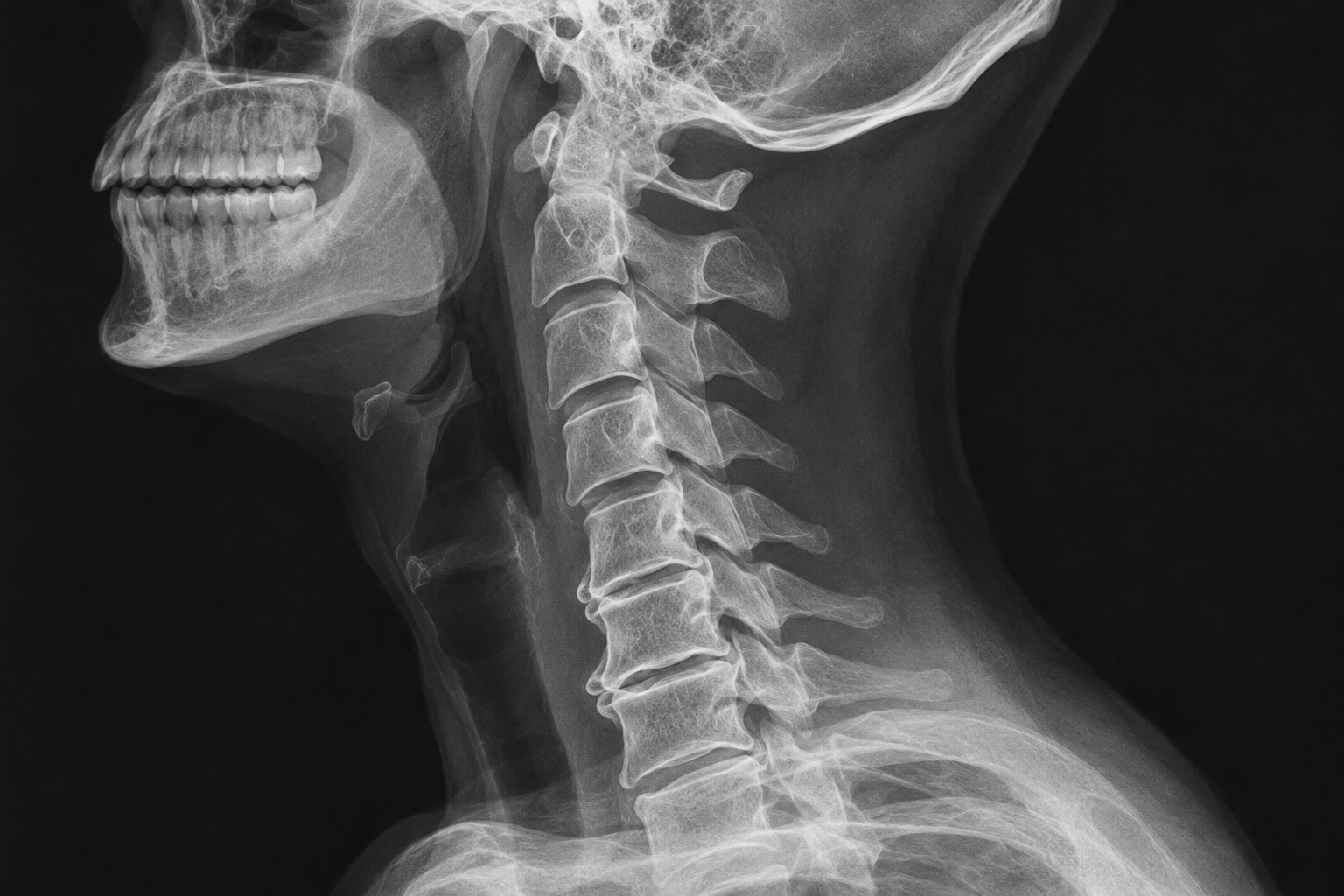 Illustrative cervical X-ray showing narrowed disc spaces and degenerative changes in the neck.