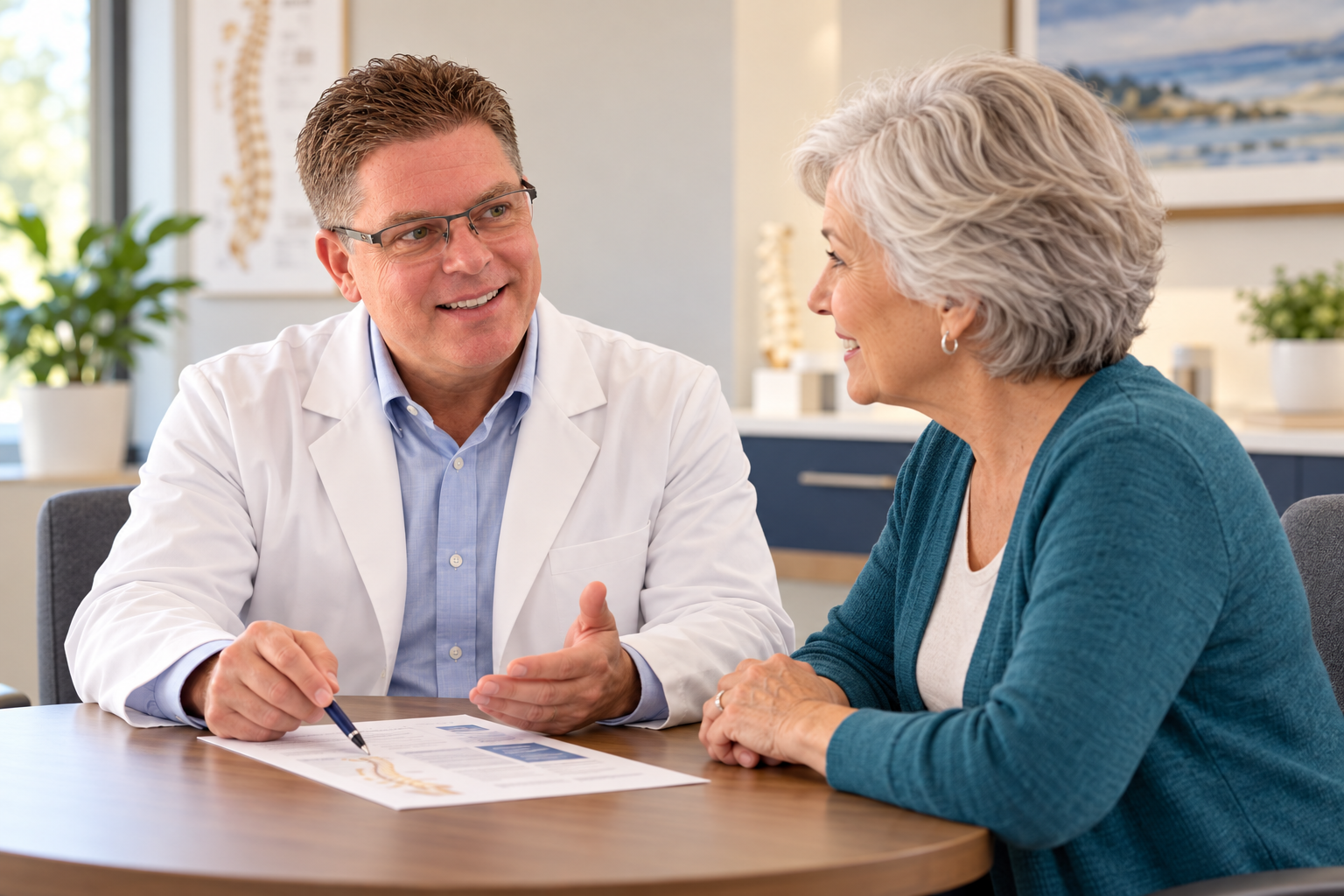 Dr. Dalfino reviewing paperwork with an older female patient