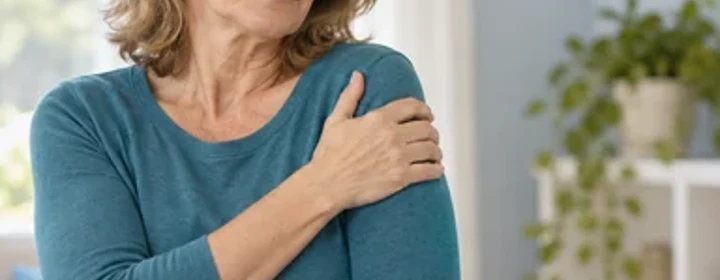 Woman holding her sore shoulder